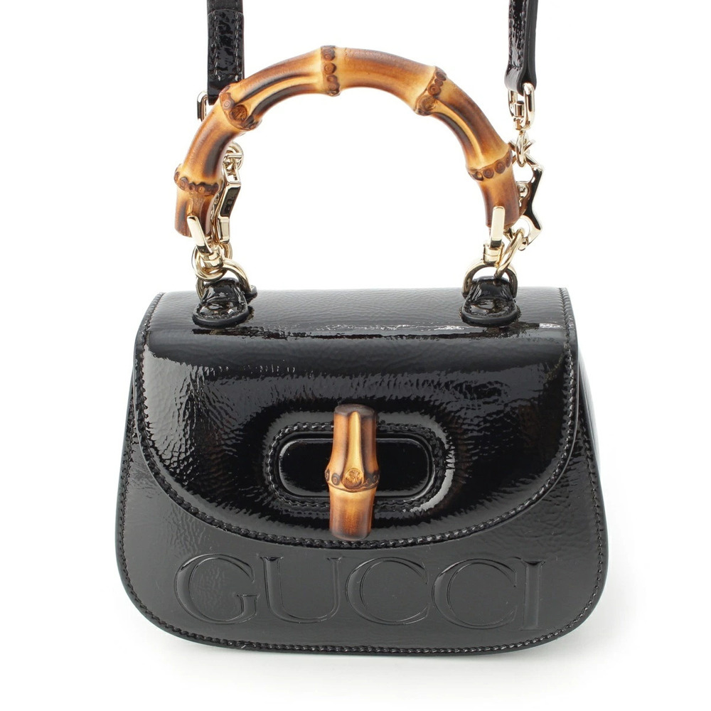 Gucci Bamboo Patent Vernis Leather Handbag Black